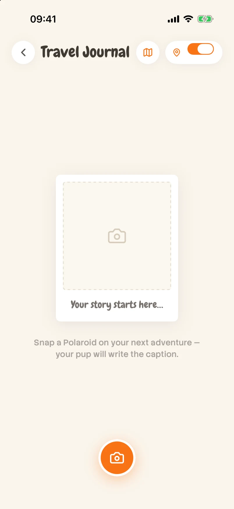 Doggo’s Travel Journal on iPhone, with a Polaroid starting screen, location toggle, photo map and camera button
