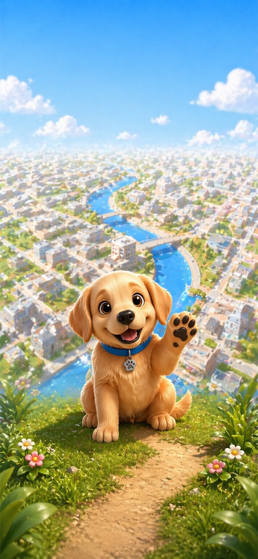 A golden retriever puppy waving from a sunny hilltop