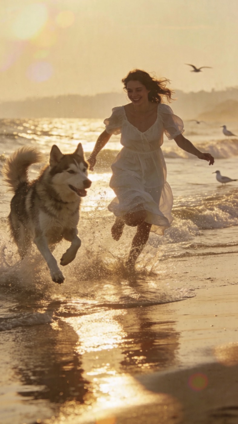 A woman running along the beach at sunrise with her husky