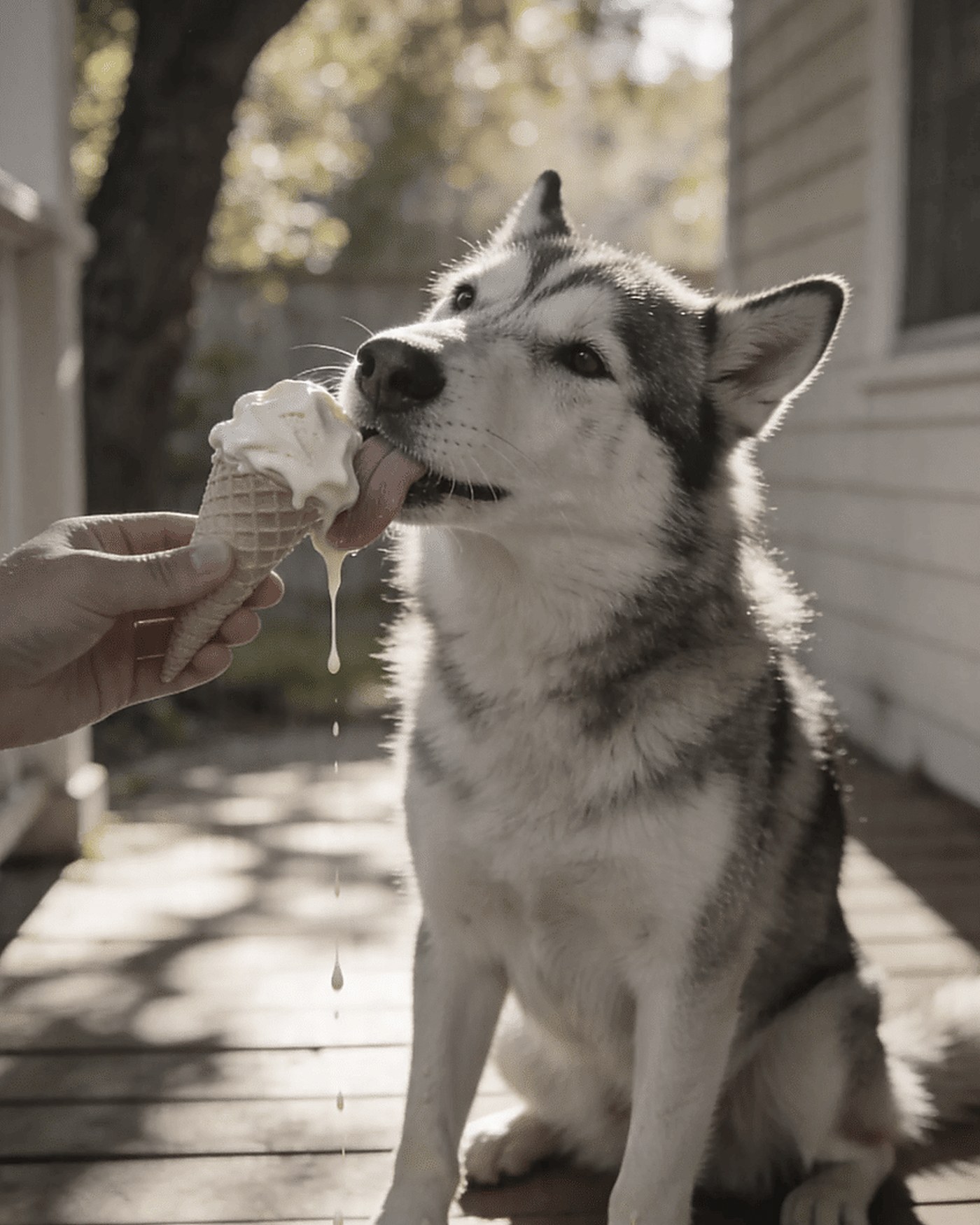 A dog having ice cream