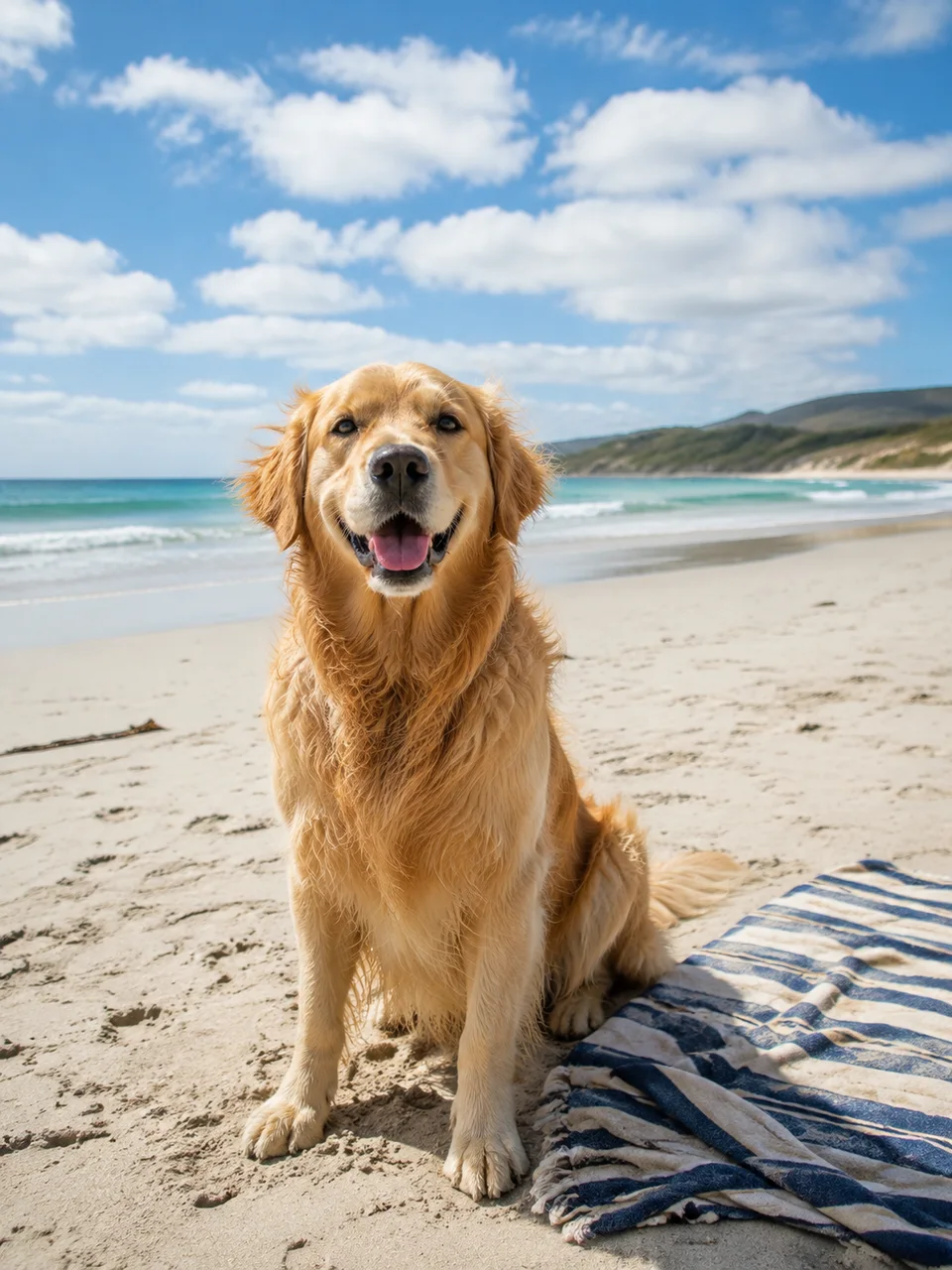 A happy golden retriever at the beach