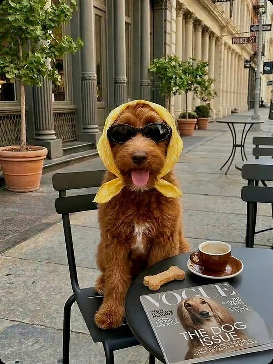 A café companion in a headscarf and sunglasses