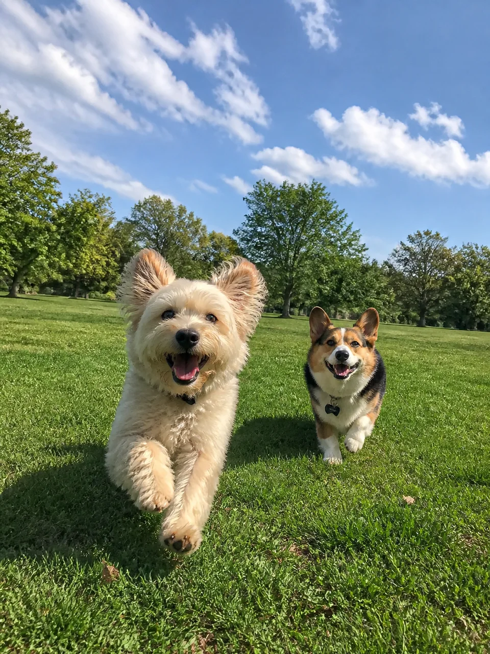 Two happy dogs running through a sunny park